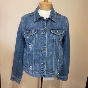 Mudd Womens Medium Wash Distressed Denim Trucker Jacket Blue 100 Cotton Size L